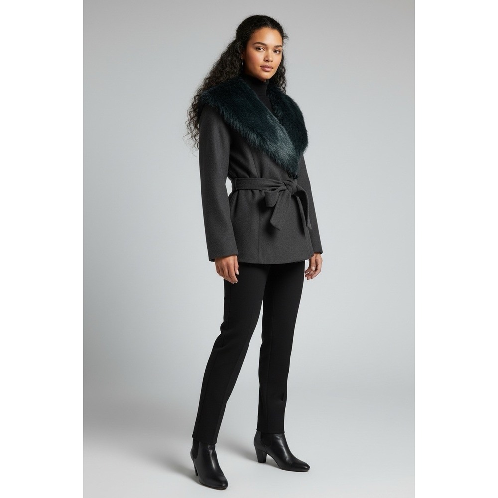 Mobwife Jacket Faux Fur Trim Green Tie Waist QVC Small‎ NEW